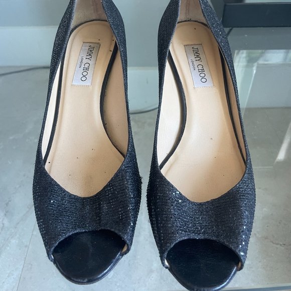 Jimmy Choo Black Sparkly Peep Toe Kitten Heel | Size 40.5 - Picture 3 of 7